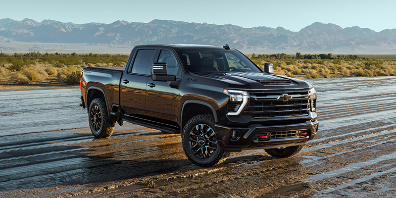 Black Chevrolet Silverado pickup truck parked on a muddy desert road with mountains in the background.